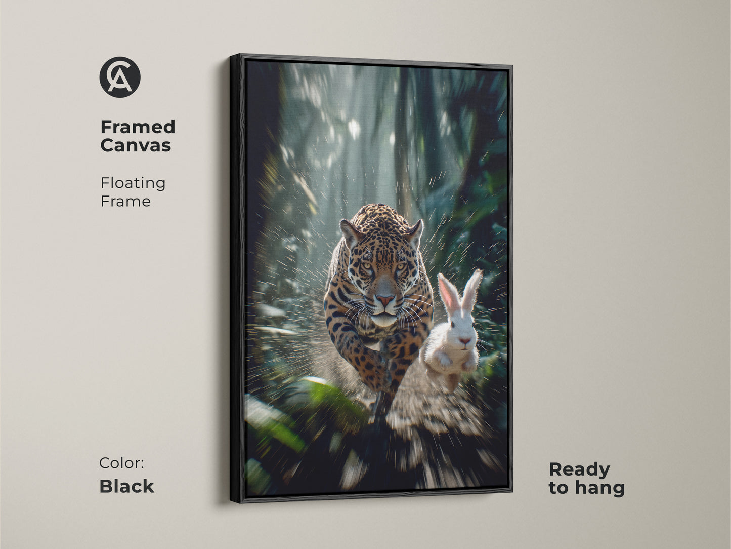Framed in sleek black this canvas features a motion blur jaguar and rabbit. This contemporary wildlife decor is ready to hang and adds a dramatic touch. The floating frame enhances the jungle chase scene print making it a perfect bedroom animal artwork. This is an ideal gift for any animal enthusiast.