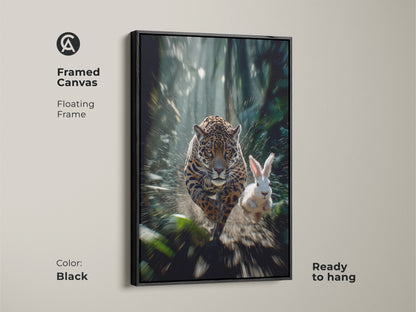 Framed in sleek black this canvas features a motion blur jaguar and rabbit. This contemporary wildlife decor is ready to hang and adds a dramatic touch. The floating frame enhances the jungle chase scene print making it a perfect bedroom animal artwork. This is an ideal gift for any animal enthusiast.