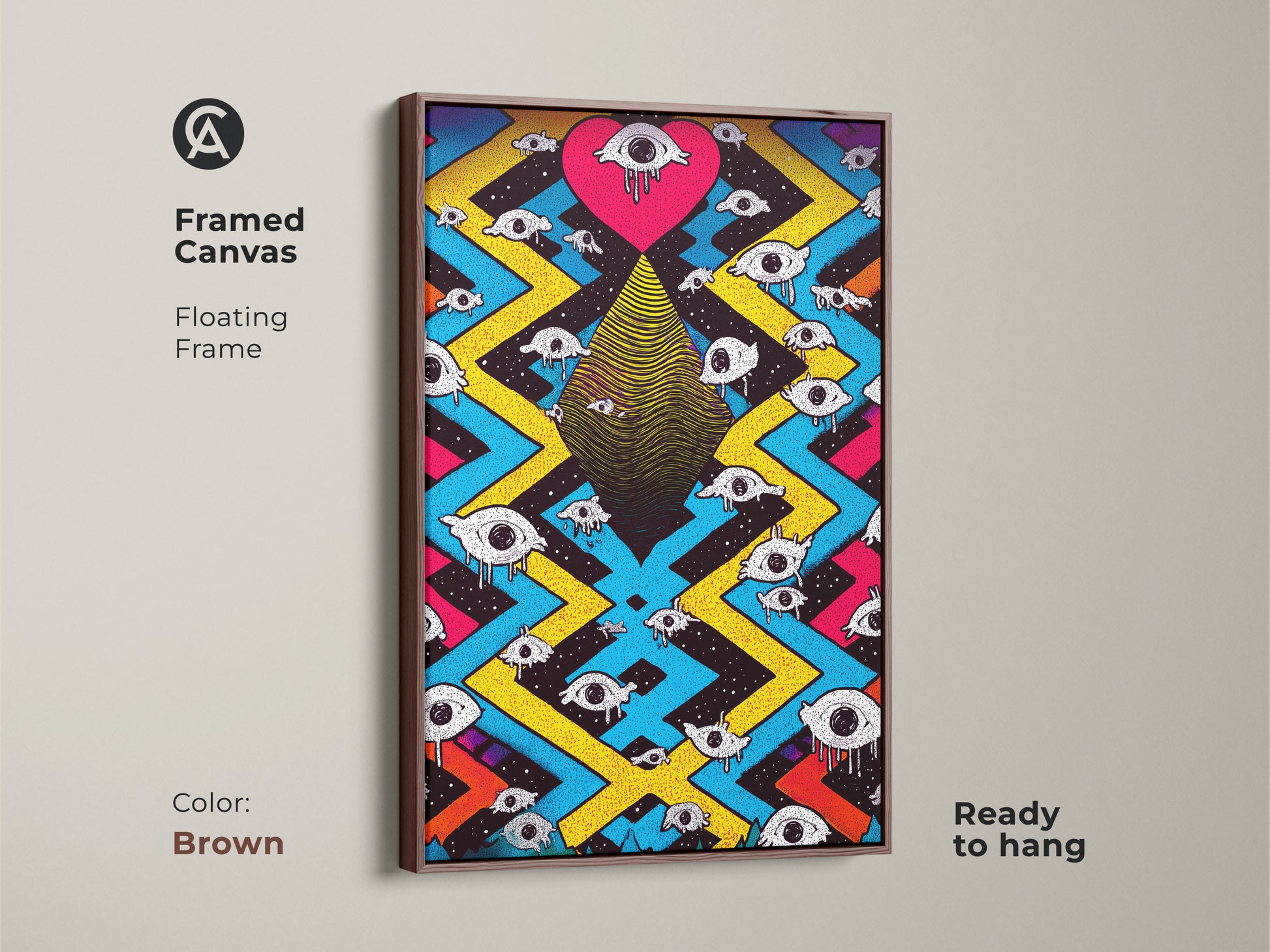 A brown framed canvas displays surreal eye heart artwork. This psychedelic abstract wall art is ready to hang. The floating frame complements the eclectic bedroom decor. Magenta yellow and blue art create a trippy look. This unique art is great for teens. Its vibrant painting adds a bold statement.
