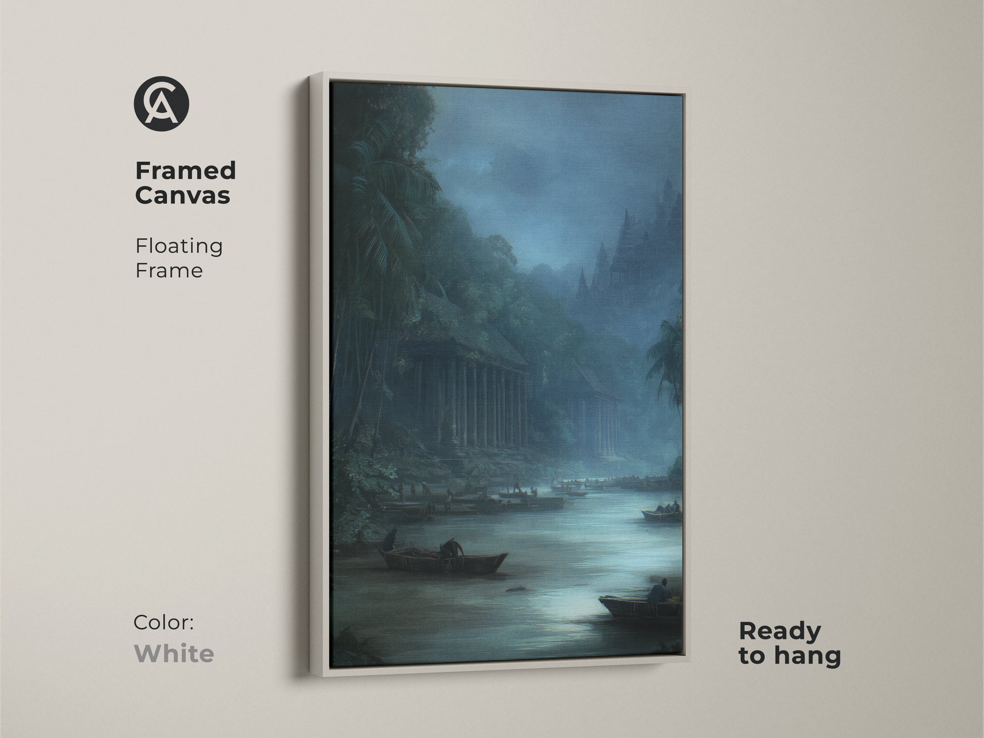 Framed Canvas showcasing a traditional river scene with boats in misty grey and deep blue. The landscape artwork has a white floating frame. Ready to hang this historical painting is a classic landscape painting.