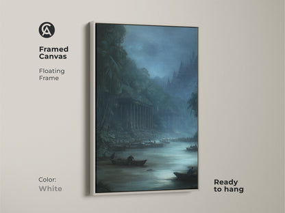 Framed Canvas showcasing a traditional river scene with boats in misty grey and deep blue. The landscape artwork has a white floating frame. Ready to hang this historical painting is a classic landscape painting.