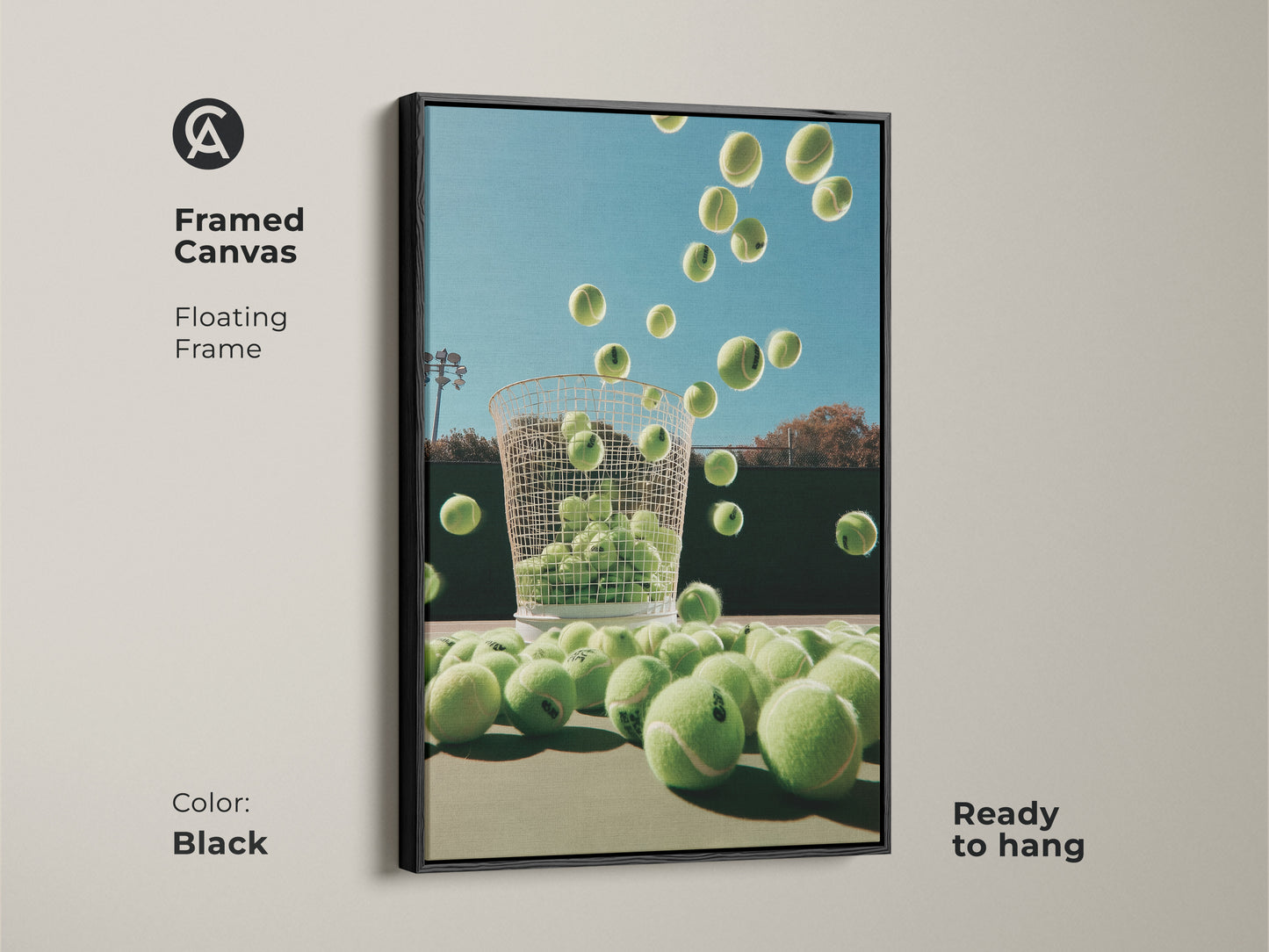 Framed canvas art with a black floating frame. Ready to hang and enjoy. This tennis ball artwork adds a modern touch to any space. The high-quality materials and expert craftsmanship ensure lasting beauty. Perfect for tennis fans.