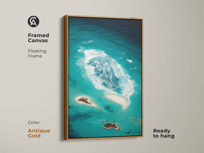 Framed canvas of an abstract teal ocean is ready to hang. The antique gold floating frame elevates the coastal island artwork. This tropical beach landscape features deep teal aqua tones. The turquoise ocean art adds a touch of elegance.