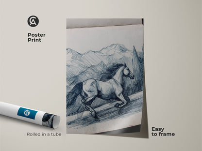Poster print features a rustic horse line art. The indigo mountain sketch shows a horse running. This equestrian art comes rolled in a tube easy to frame. A perfect animal landscape print for horse lovers. This blue white canvas art is nature-inspired wall art. It’s a unique gift idea.