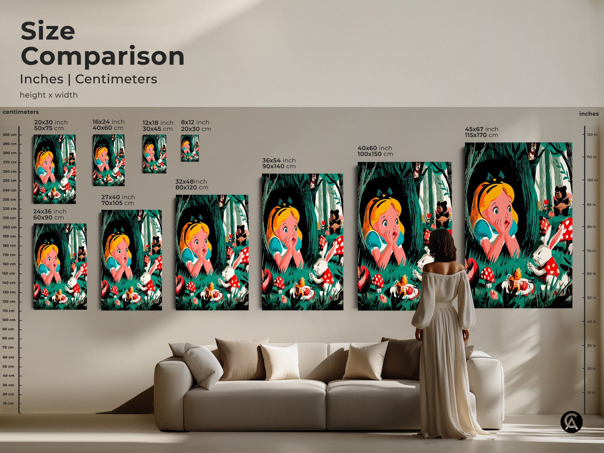 This size comparison illustrates Alice in Wonderland artwork. It displays options from small to large sizes in inches and centimeters. See how each canvas transforms a living space with whimsical animal art. Decorate your kids room with this perfect fairytale art.