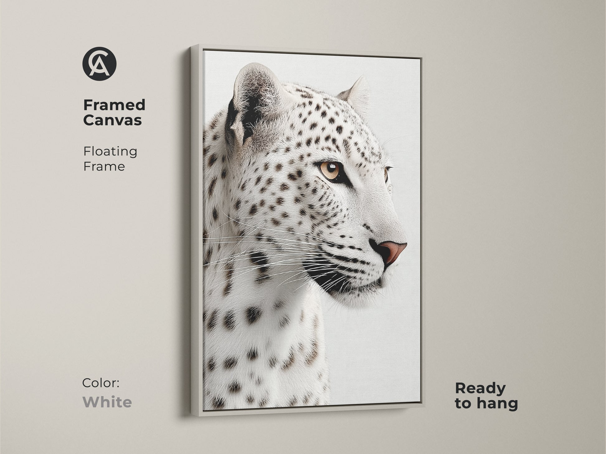 A framed canvas in white presents a striking snow leopard in monochrome. Ready to hang this wildlife artwork is a modern home decor piece. This snow leopard canvas art is perfect for animal lovers.