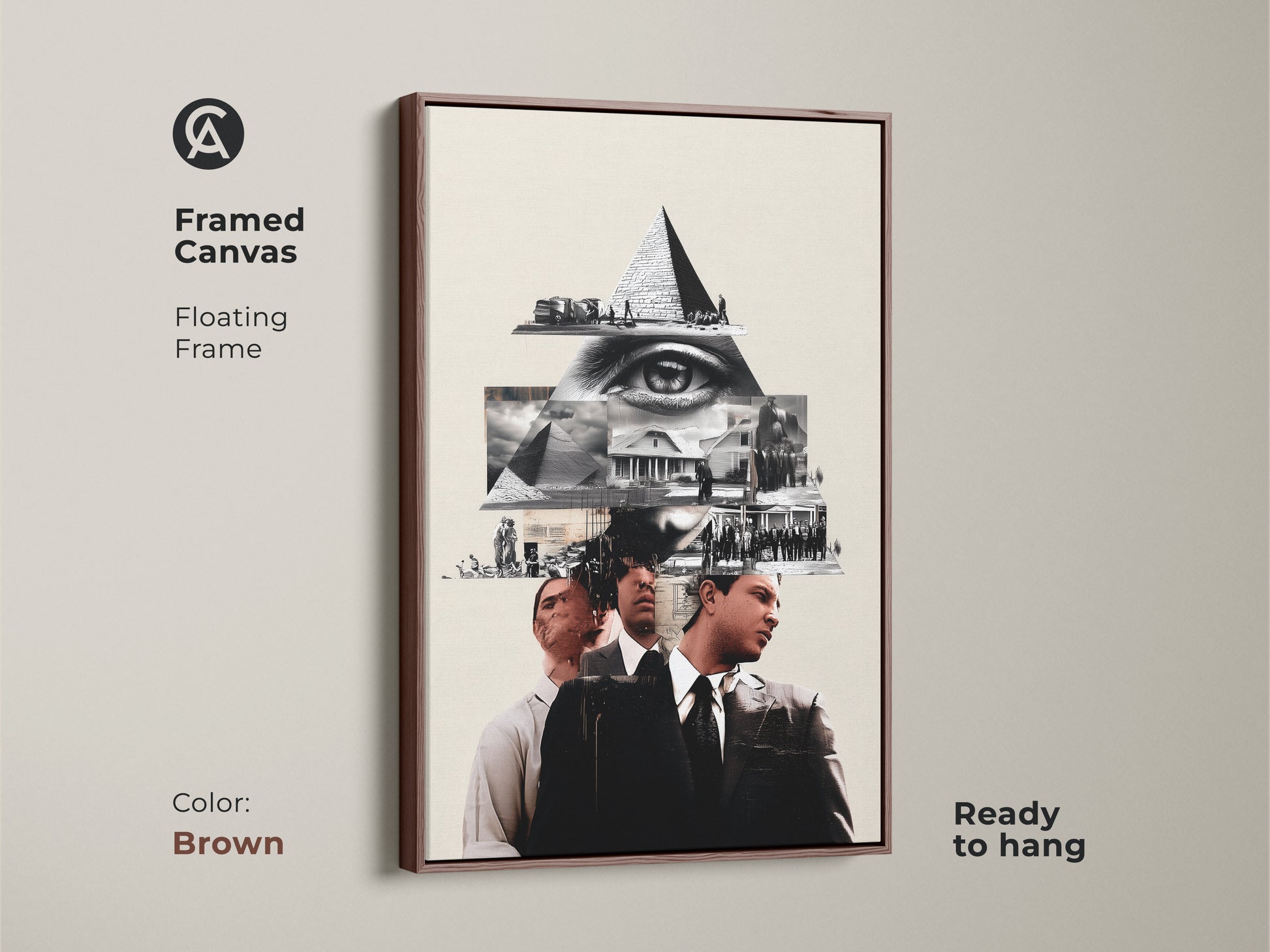 The Framed Canvas in Brown displays a Monochrome Eye Pyramid Collage. It's surreal history themed wall art ideal for office decor. This conceptual artwork showcases a pyramid and eye motif in black and white. It's an intellectual piece for wall decor.