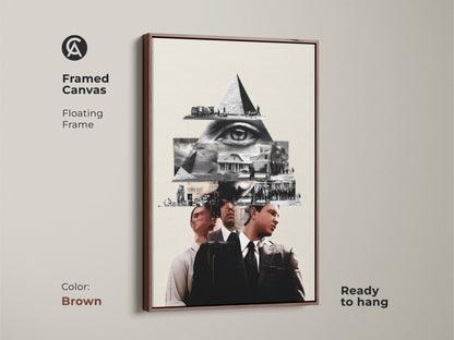 The Framed Canvas in Brown displays a Monochrome Eye Pyramid Collage. It's surreal history themed wall art ideal for office decor. This conceptual artwork showcases a pyramid and eye motif in black and white. It's an intellectual piece for wall decor.