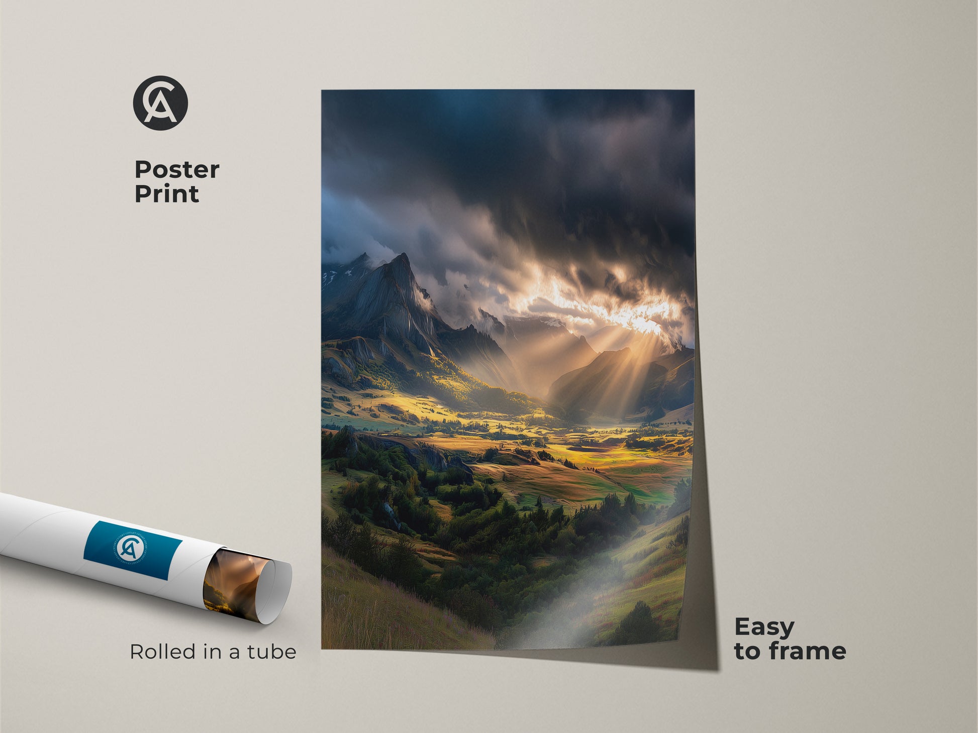 Poster print of a scenic valley panorama with golden hour wall art. The blue green mountain artwork is rolled in a tube for easy framing. This natural landscape painting is ideal for nature lovers. A great gift print.