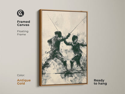 Framed Canvas displaying fencers in action with an antique gold floating frame. This modern sports artwork is a unique gift. The dark green beige and black art adds elegance to any sports themed decor ready to hang.