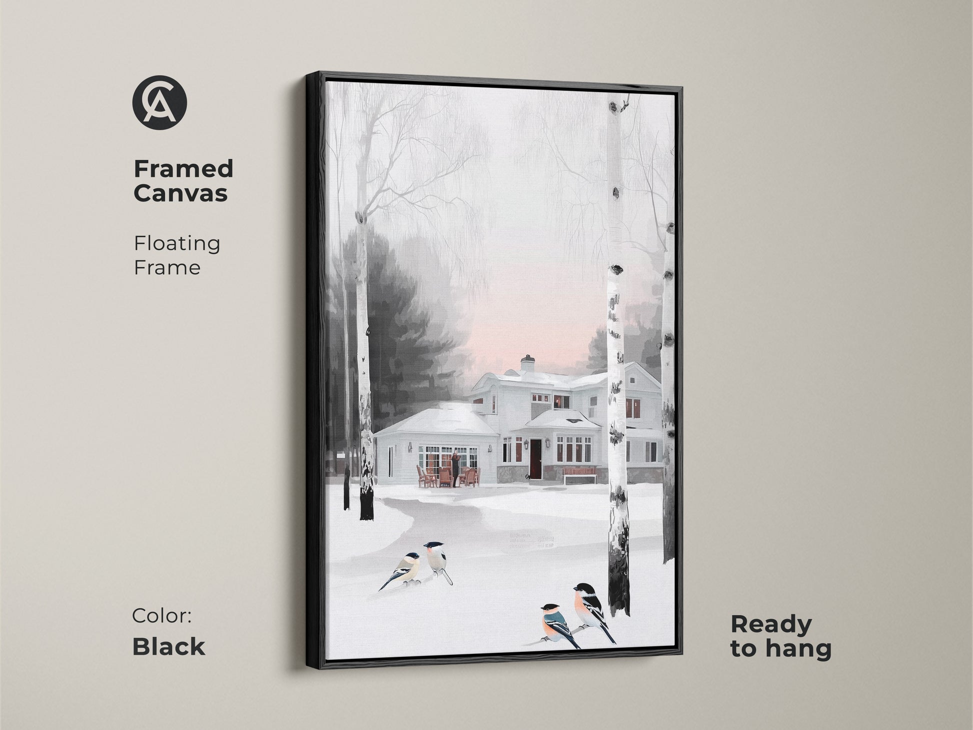 Framed canvas artwork captures a winter scene with snow covered house. Birds gather around birch trees in this impressionistic art piece. Black floating frame that enhances the cozy farmhouse charm of your space. Ready to hang.