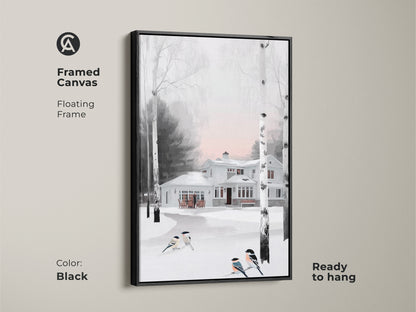 Framed canvas artwork captures a winter scene with snow covered house. Birds gather around birch trees in this impressionistic art piece. Black floating frame that enhances the cozy farmhouse charm of your space. Ready to hang.