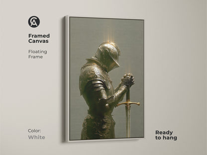 Gothic Knight wall art in bronze green and gold tones. The medieval armor print brings dark academia style to a study room. A history buff gift idea. The knight holds a sword in contemplation and strength a unique eclectic home wall decor.