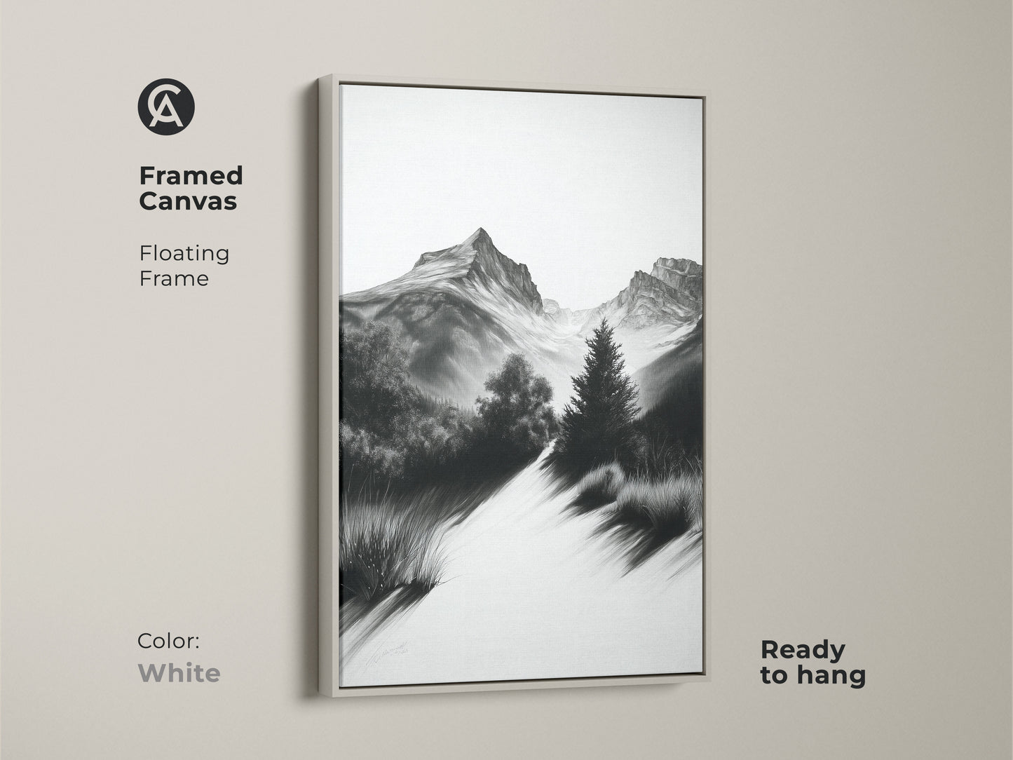 Framed monochrome mountain sketch art with a white floating frame. This black and white landscape print provides simple nature wall decor. A perfect gift for the adventure seeker.