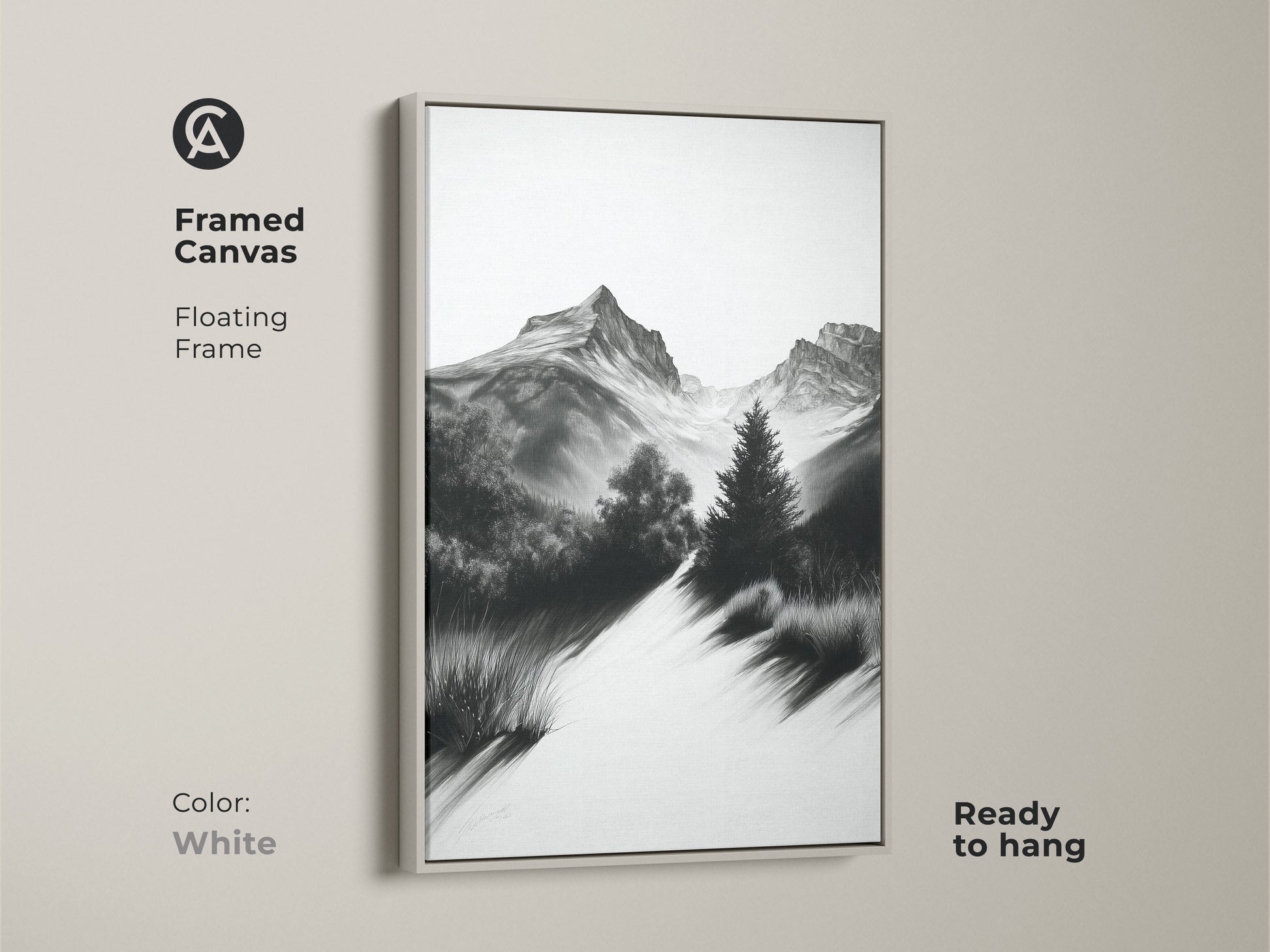 Framed monochrome mountain sketch art with a white floating frame. This black and white landscape print provides simple nature wall decor. A perfect gift for the adventure seeker.