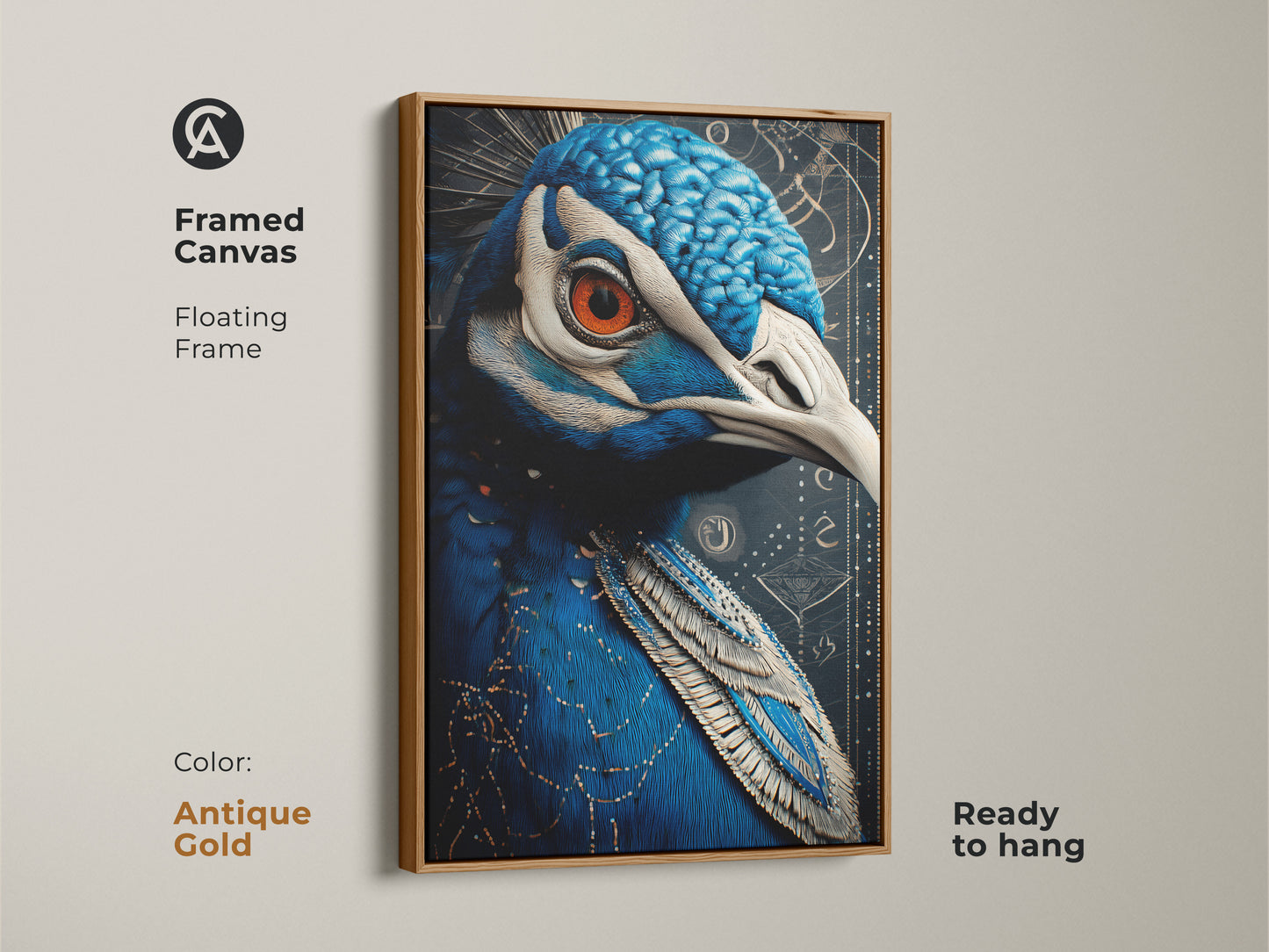Antique gold framed canvas featuring an Art Nouveau peacock. The floating frame enhances this wildlife artwork. This canvas is ready to hang. It has blue and orange feather details. Great art print for an entryway or office.