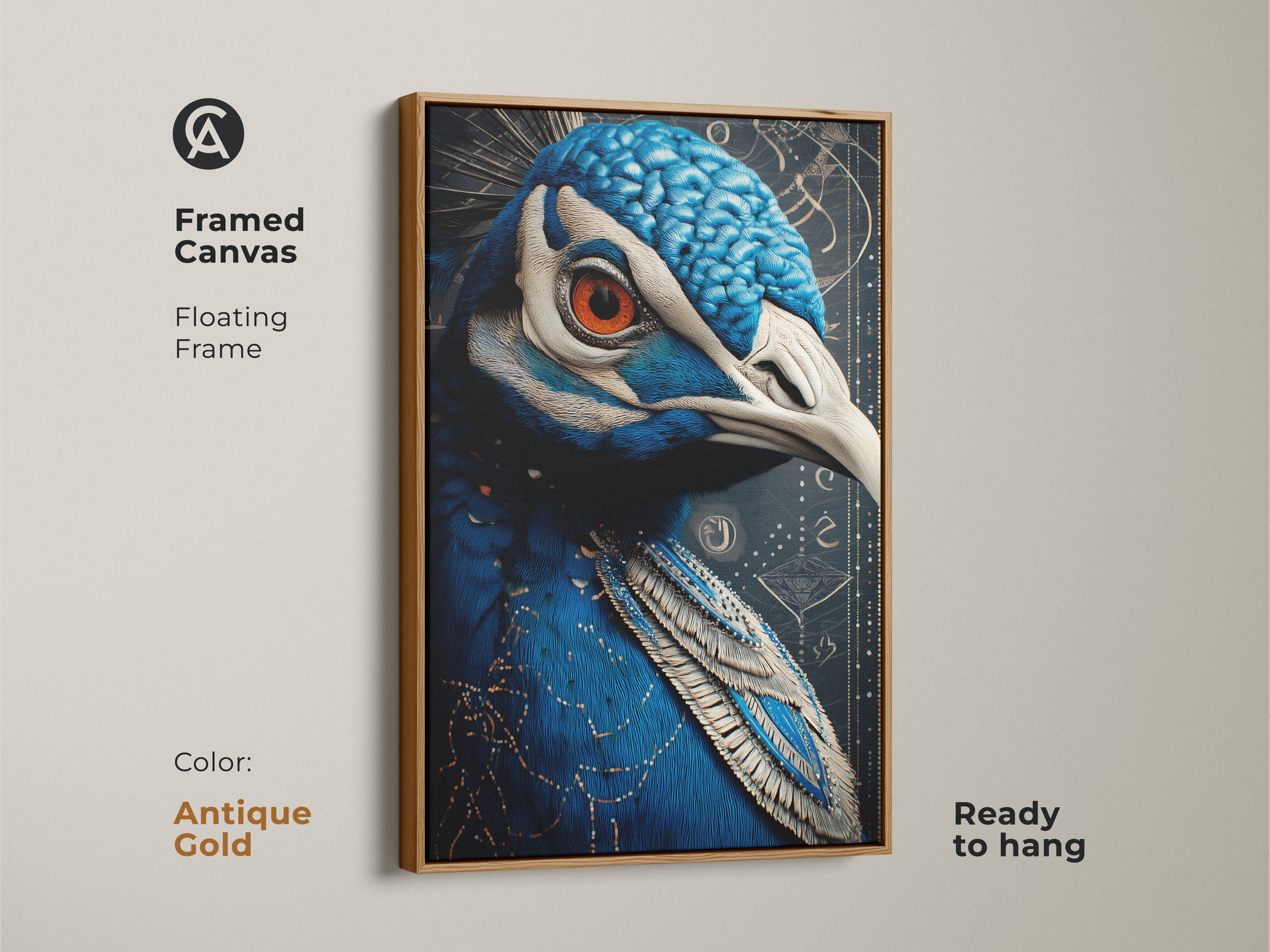 Antique gold framed canvas featuring an Art Nouveau peacock. The floating frame enhances this wildlife artwork. This canvas is ready to hang. It has blue and orange feather details. Great art print for an entryway or office.