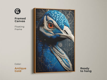 Antique gold framed canvas featuring an Art Nouveau peacock. The floating frame enhances this wildlife artwork. This canvas is ready to hang. It has blue and orange feather details. Great art print for an entryway or office.
