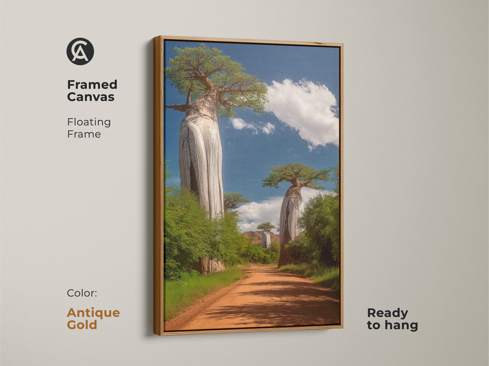 Antique Gold framed canvas of African Baobab trees. Floating frame. Ready to hang. This unique travel decor is a wanderlust wall art piece. Green foliage art print. Housewarming gift.