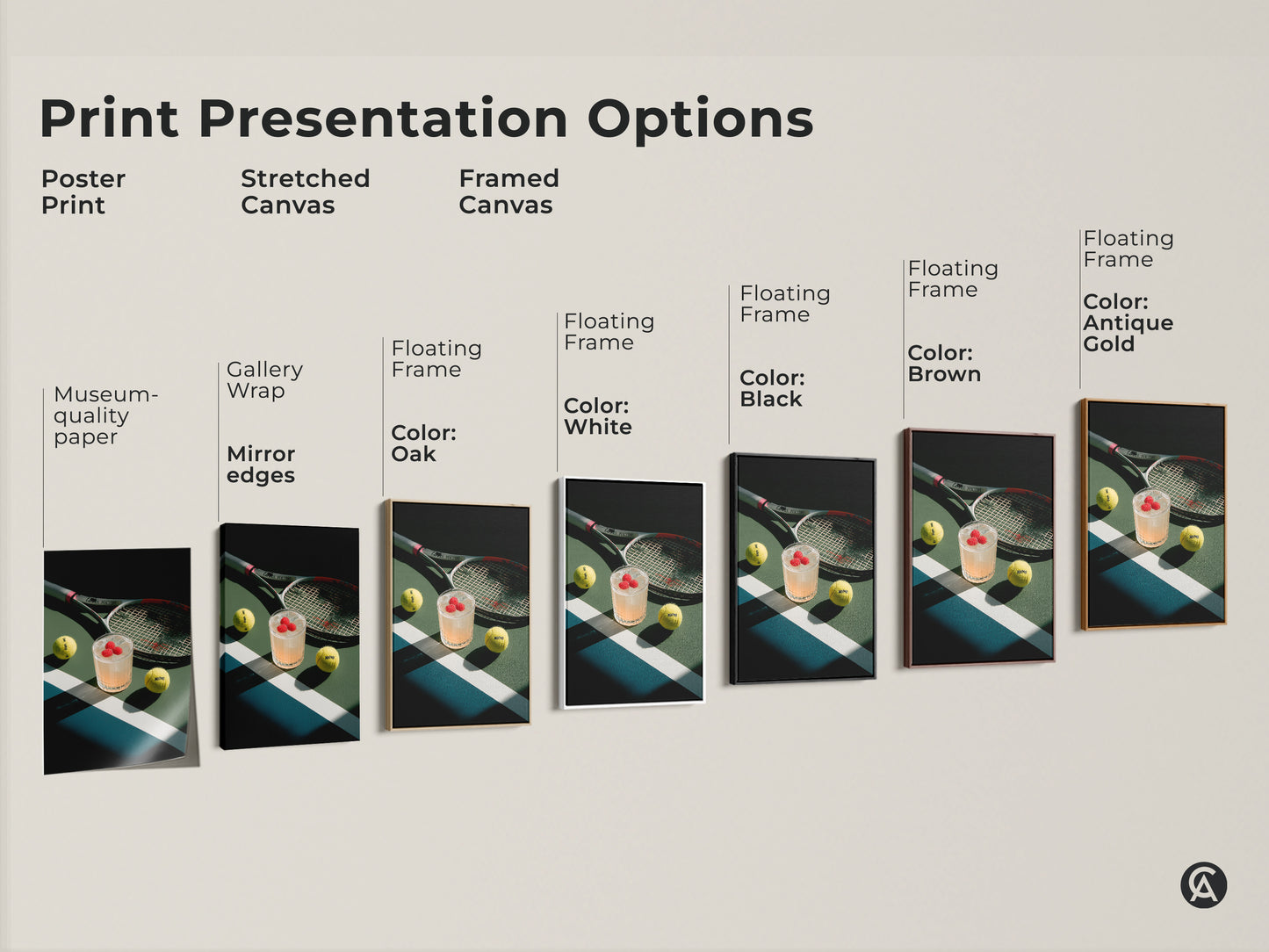 Explore print presentation options for tennis court artwork. Choose from poster prints stretched canvas and framed canvas. Each option highlights the cocktail tennis balls and racket in a unique way.