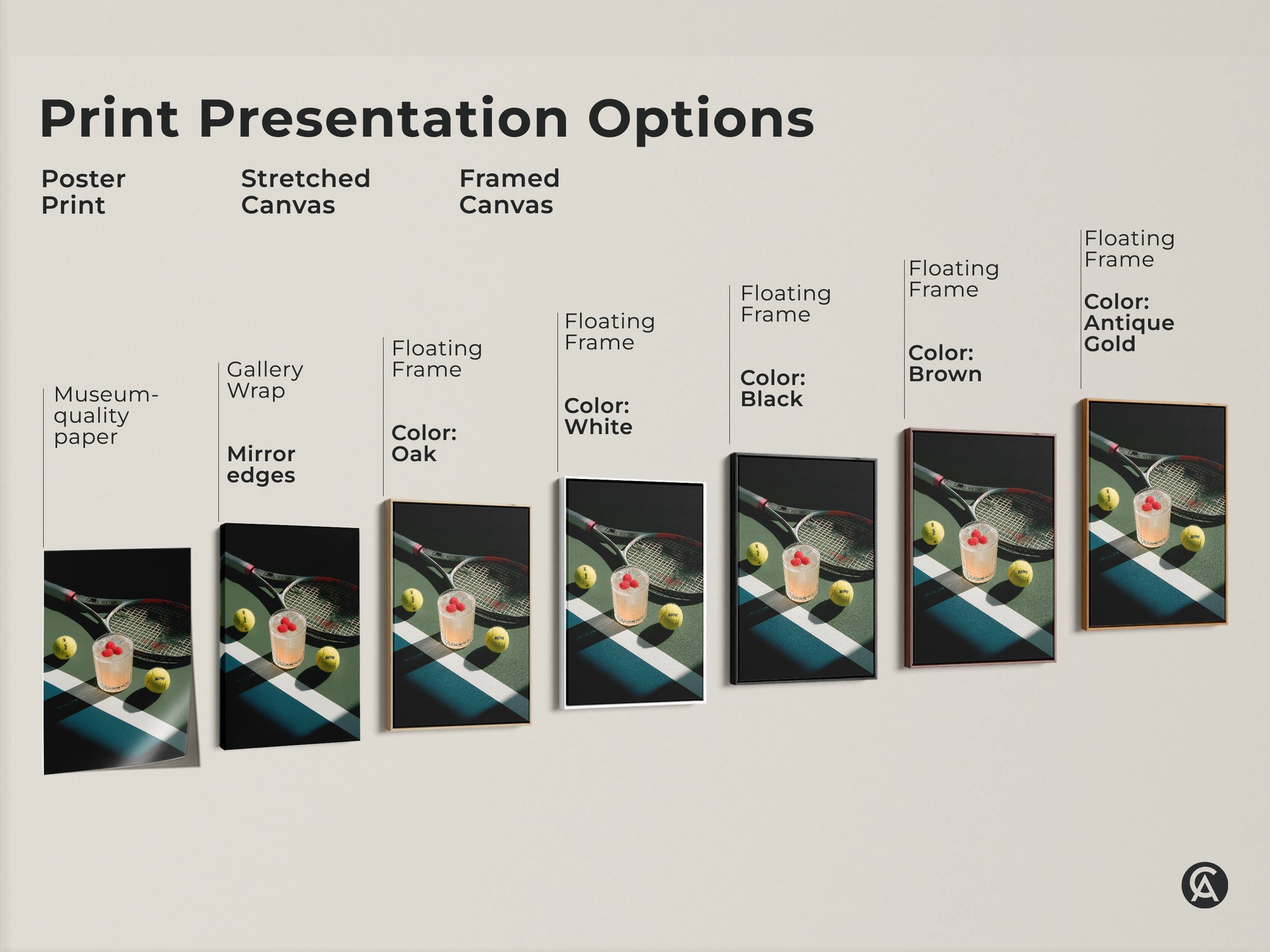 Explore print presentation options for tennis court artwork. Choose from poster prints stretched canvas and framed canvas. Each option highlights the cocktail tennis balls and racket in a unique way.