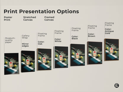 Explore print presentation options for tennis court artwork. Choose from poster prints stretched canvas and framed canvas. Each option highlights the cocktail tennis balls and racket in a unique way.