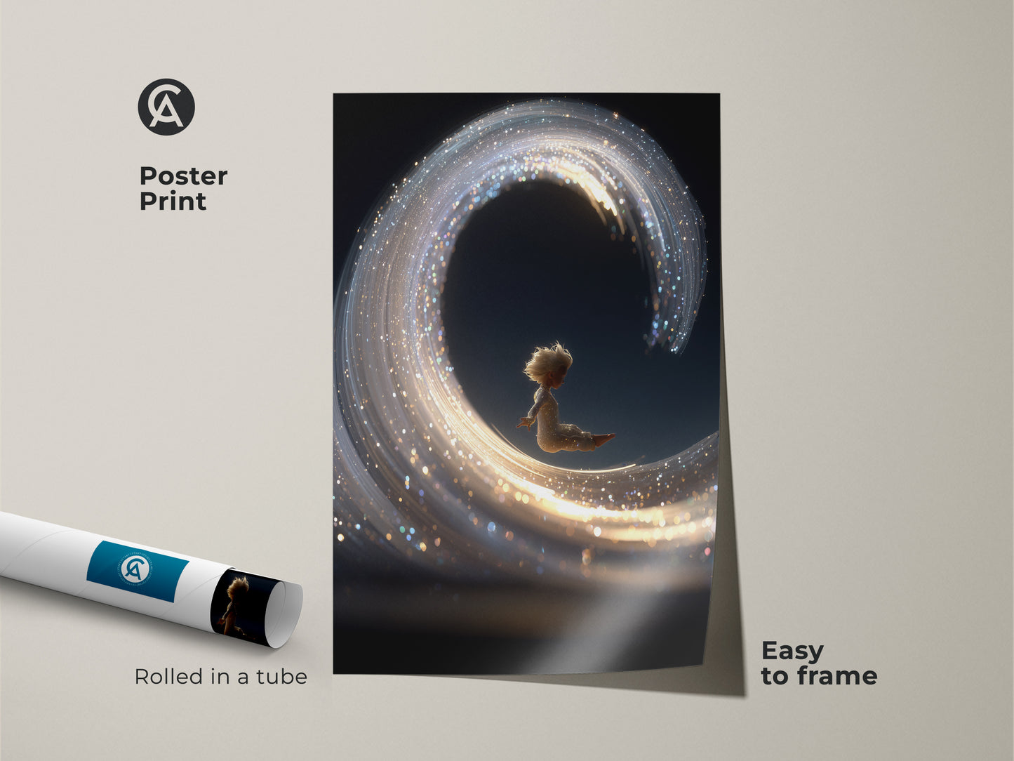 Poster Print showcases a child on a dreamy light wave with gold accents. Rolled in a tube this fantasy wall art is easy to frame. The abstract artwork adds a touch of magic to any room. Ideal for creating a whimsical atmosphere this poster is a unique gift for dreamers.