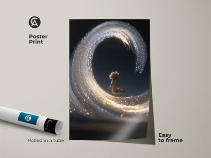 Poster Print showcases a child on a dreamy light wave with gold accents. Rolled in a tube this fantasy wall art is easy to frame. The abstract artwork adds a touch of magic to any room. Ideal for creating a whimsical atmosphere this poster is a unique gift for dreamers.