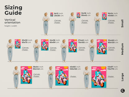 Sizing guide showing various vertical orientations for motorcycle rider art prints. Canvas and poster options displayed with models for scale. Eclectic decor in hot pink turquoise cityscape urban wall art brightens any space. A gift for him.