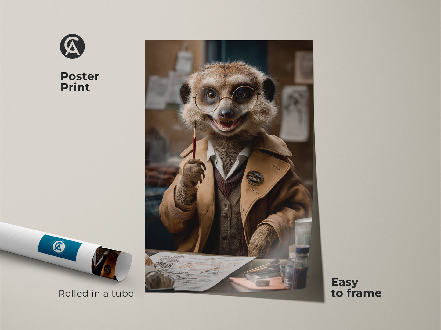 Poster print of a dapper meerkat in tan and gold. The print is rolled in a tube making it easy to frame. This funny animal art is perfect for eclectic home decor or office wall hanging. Great as a quirky gift for her or him.