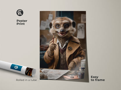 Poster print of a dapper meerkat in tan and gold. The print is rolled in a tube making it easy to frame. This funny animal art is perfect for eclectic home decor or office wall hanging. Great as a quirky gift for her or him.