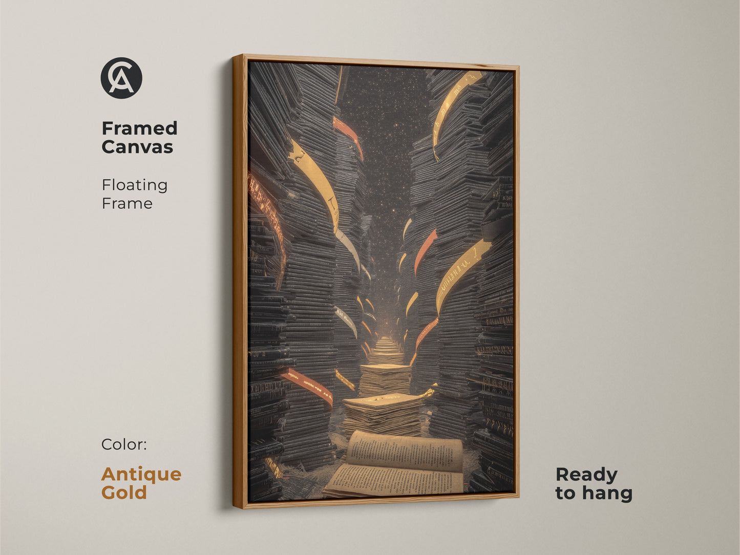 Framed canvas of a surreal library staircase artwork. The floating frame is antique gold. It features books in an eclectic black gold orange style. Ready to hang for a study room or office decor.