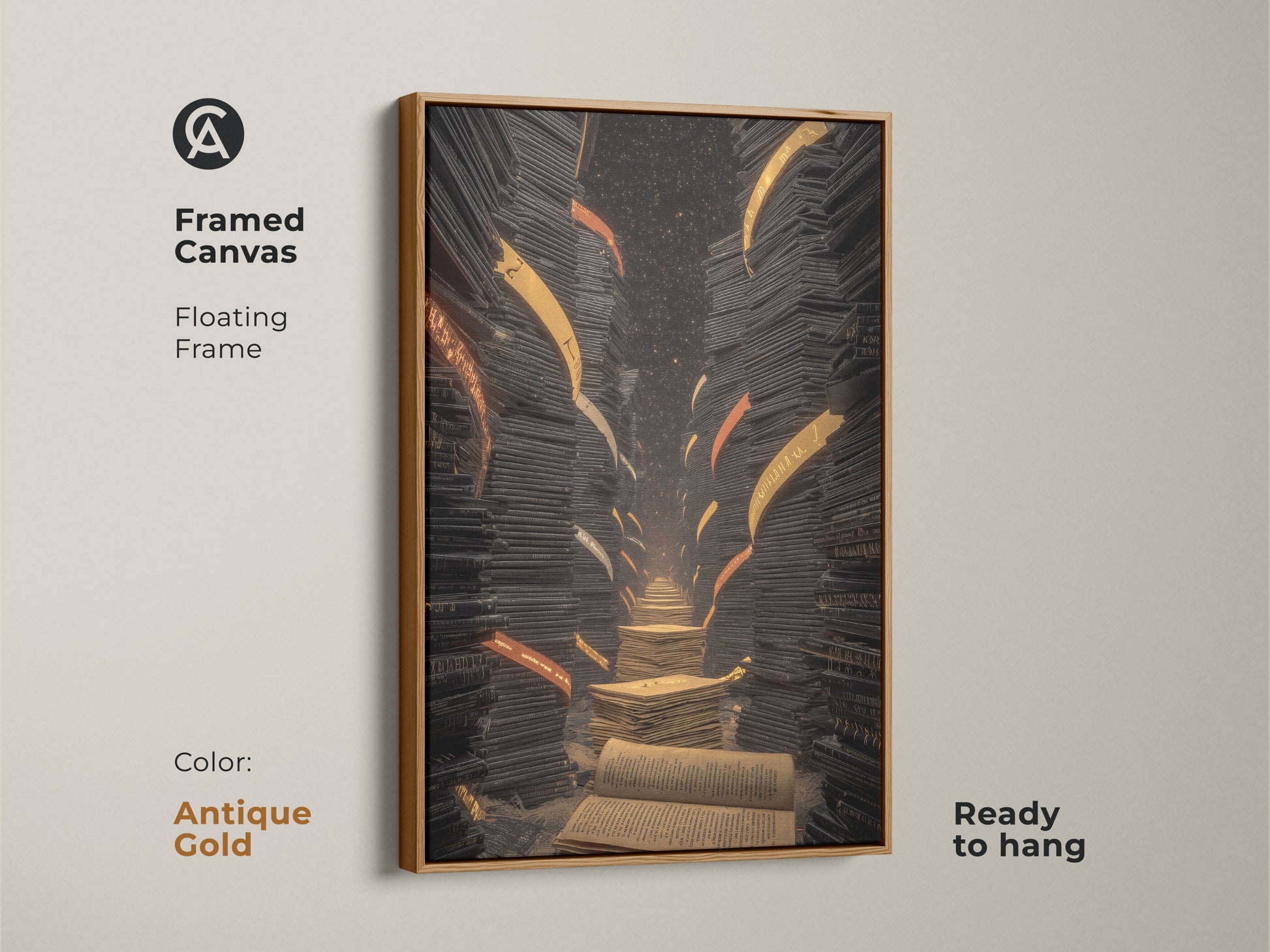 Framed canvas of a surreal library staircase artwork. The floating frame is antique gold. It features books in an eclectic black gold orange style. Ready to hang for a study room or office decor.