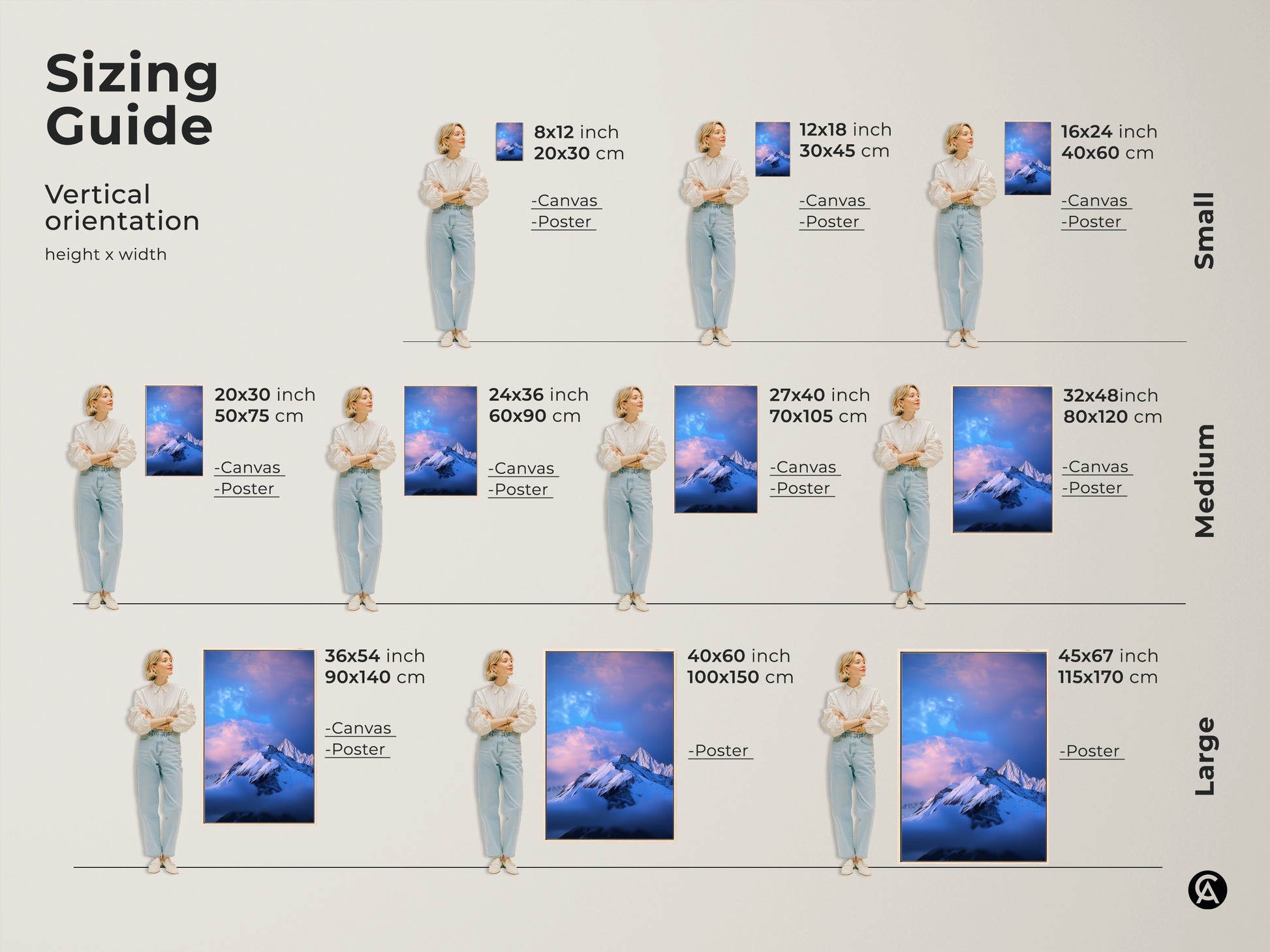 Sizing guide for vertical snowy mountain canvas and poster prints. Available in small medium and large sizes. Perfect for bedroom landscape art. Modern nature wall hanging for any space. Find the perfect fit.