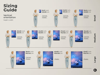 Sizing guide for vertical snowy mountain canvas and poster prints. Available in small medium and large sizes. Perfect for bedroom landscape art. Modern nature wall hanging for any space. Find the perfect fit.
