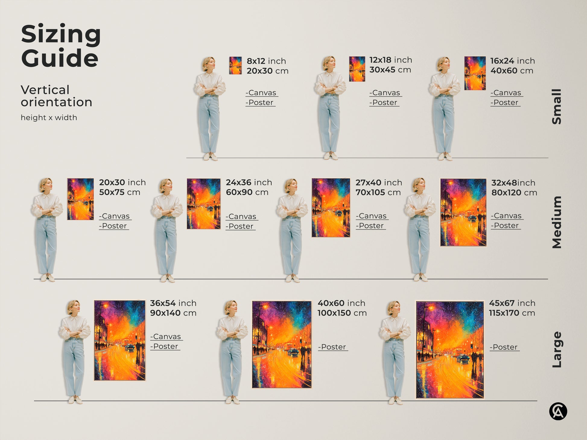Visualize the perfect fit with our sizing guide for vertical canvas and poster prints. See how this colorful city street art will look in different sizes. From small to large we have options to suit any space. Find the ideal size for your home or office today.