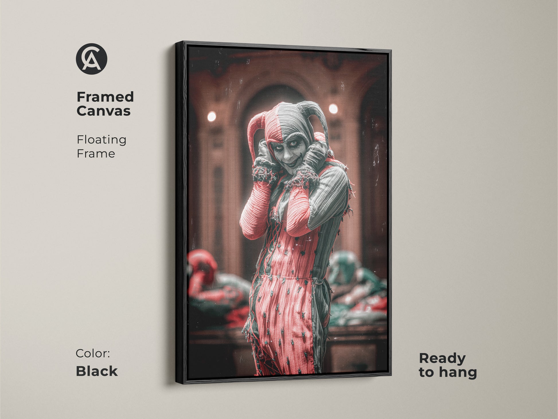 Framed Canvas featuring Gothic Crimson & Black Harlequin. Fantasy character artwork with a black floating frame. The macabre art adds a dark academia touch. Ready to hang in any gothic living room decor. Ideal for character art for him or creepy clown wall art collectors.