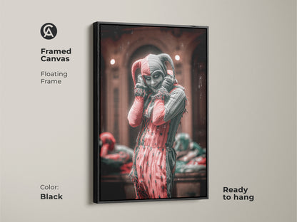 Framed Canvas featuring Gothic Crimson & Black Harlequin. Fantasy character artwork with a black floating frame. The macabre art adds a dark academia touch. Ready to hang in any gothic living room decor. Ideal for character art for him or creepy clown wall art collectors.