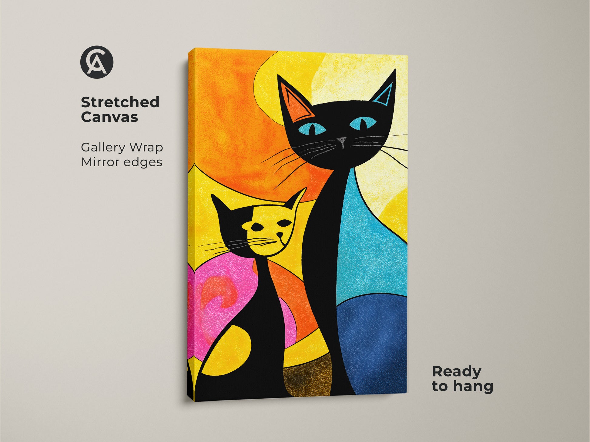 A stretched canvas print of a cat artwork. The colorful feline artwork features a black cat and a yellow cat. The gallery wrapped canvas print is ready to hang and will look great in your home.