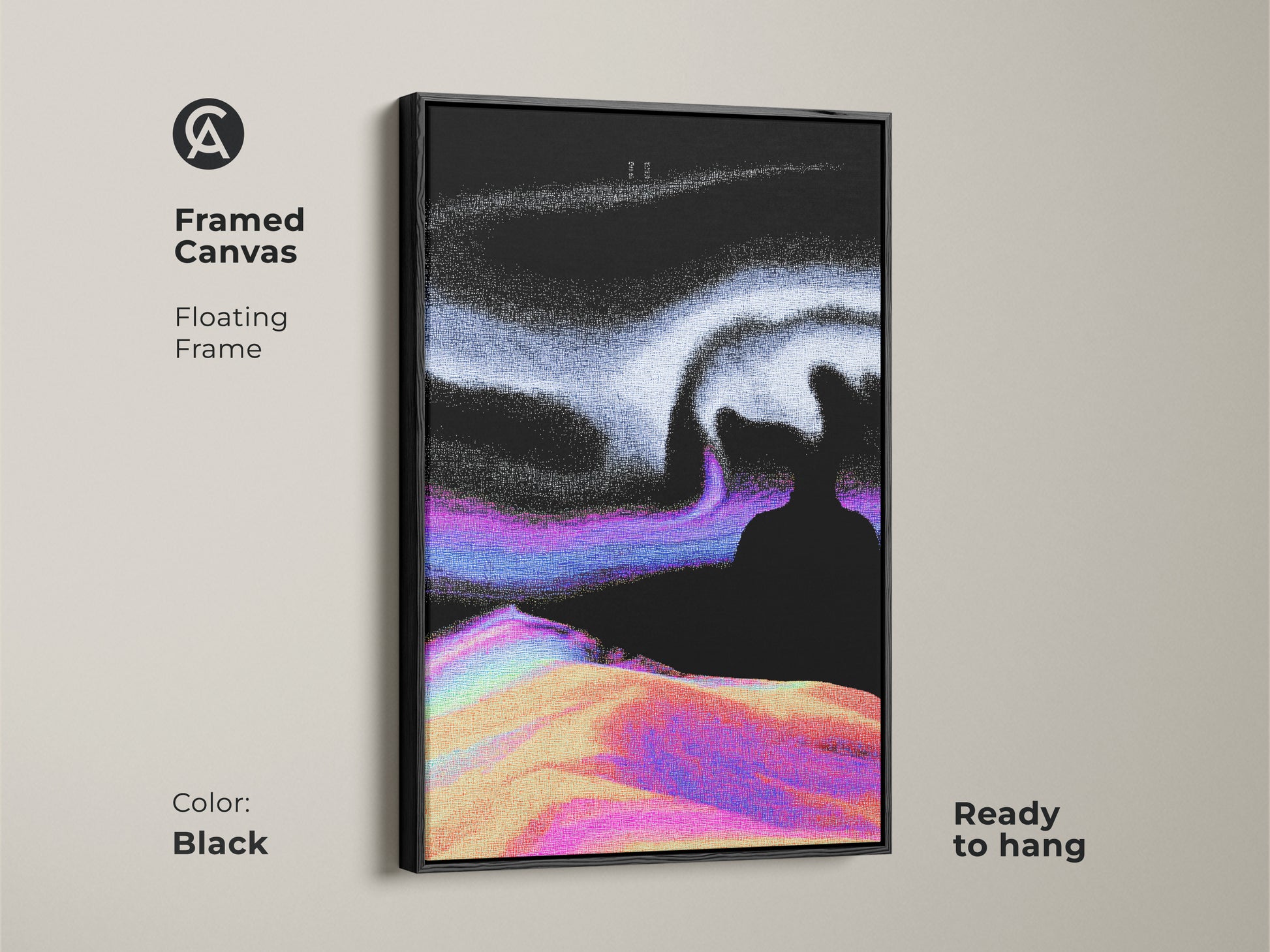 Framed canvas featuring abstract glitch art. The black floating frame complements the surreal landscape canvas. This vaporwave digital artwork is perfect as wall art for a bedroom. It is ready to hang and adds an eclectic touch to any home. The color of the frame is black.