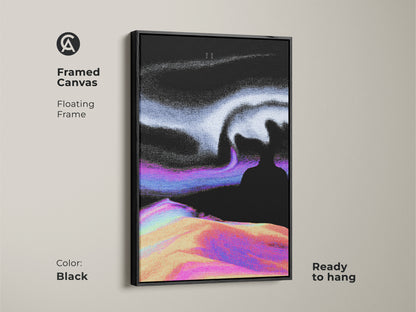 Framed canvas featuring abstract glitch art. The black floating frame complements the surreal landscape canvas. This vaporwave digital artwork is perfect as wall art for a bedroom. It is ready to hang and adds an eclectic touch to any home. The color of the frame is black.