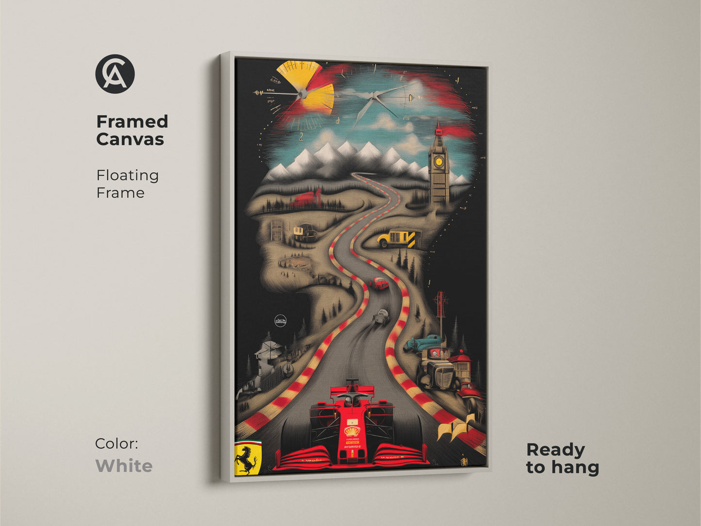 Modern Ferrari race car art in a white floating frame. This canvas artwork features a red F1 car. It drives on a track with blended landmarks. The piece arrives ready to hang