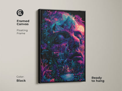 Framed canvas with a floating black frame. The psychedelic face art combines nature and surreal elements. Ready to hang and adds a touch of modern elegance to your decor. This artwork is perfect for art collectors and enthusiasts.