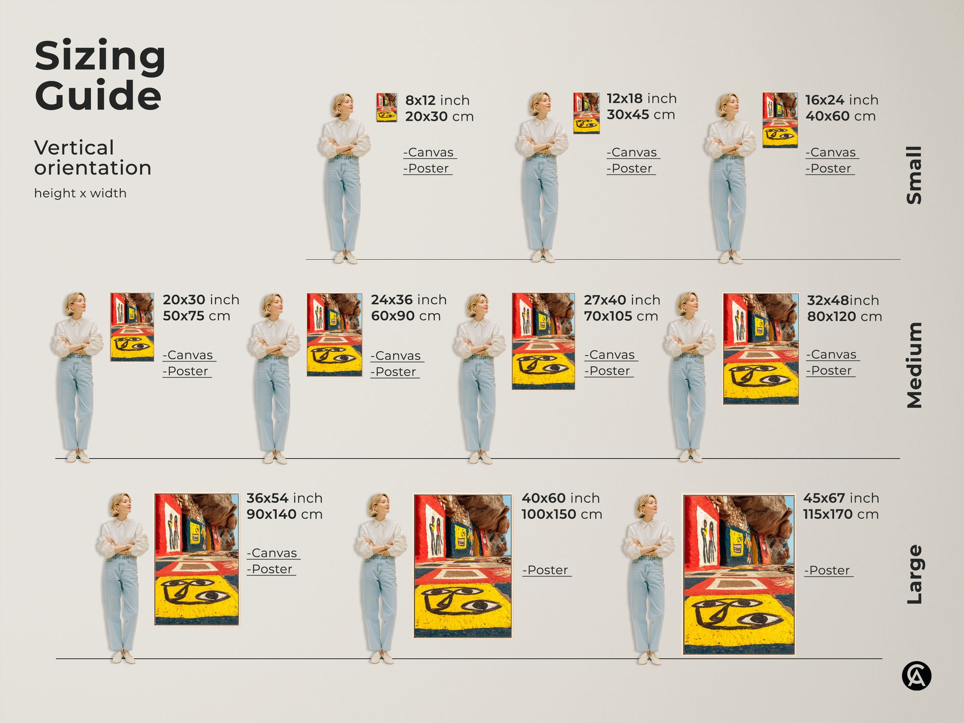 Find the perfect size with our sizing guide for this art brut figurative print. See how this yellow red blue artwork fits in various spaces. Envision eclectic home decor with our canvases and posters. Great for adding outsider art to your walls.