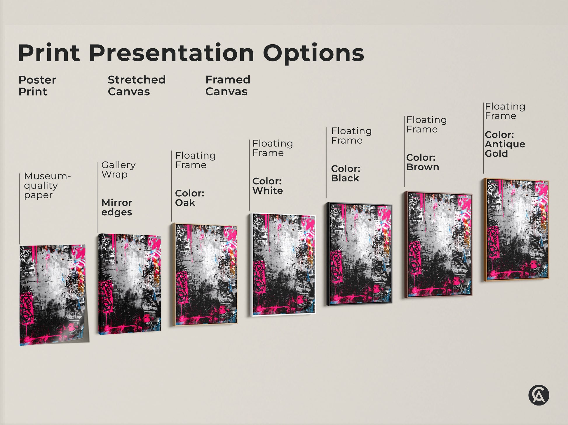 Explore print presentation options for graffiti wall art. Choose from poster prints stretched canvases or framed canvases. Options include floating frames in black brown oak antique gold or white.