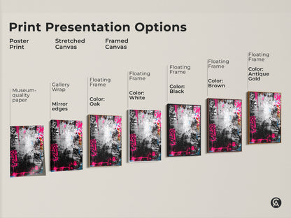 Explore print presentation options for graffiti wall art. Choose from poster prints stretched canvases or framed canvases. Options include floating frames in black brown oak antique gold or white.