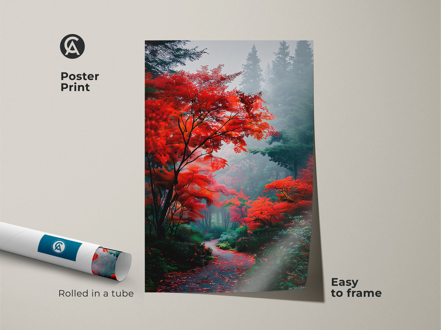 A rolled poster print displays a colorful autumn forest scene. The easy-to-frame poster features rich red foliage and a misty forest path. This nature-inspired wall art is perfect for adding a touch of the outdoors to any space. 