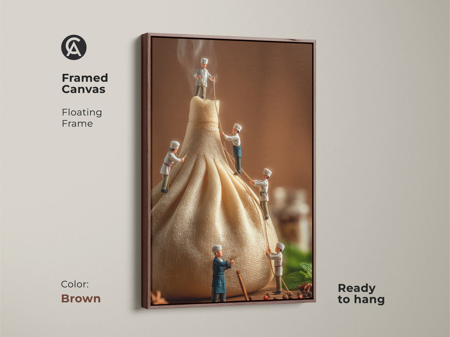 Framed canvas print displaying tiny chefs and a dumpling. The brown floating frame complements the art's warm colors. This ready-to-hang piece adds a whimsical culinary theme to your decor. A perfect blend of art and food.