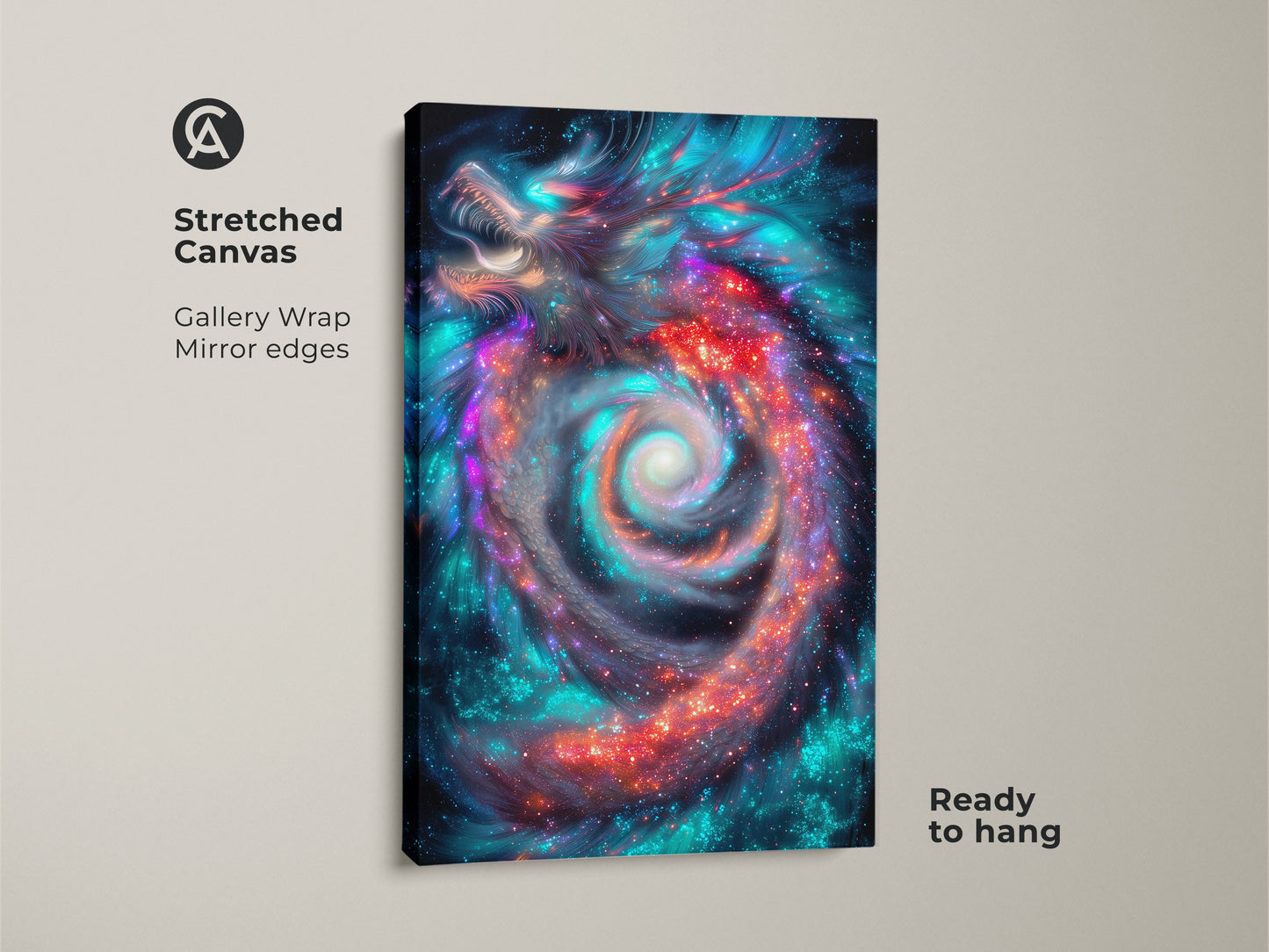 Stretched canvas of a cosmic dragon art print. The fantasy galaxy nebula wall art uses a gallery wrap with mirrored edges. This sci-fi dragon decor is ready to hang. The canvas adds a mythical touch.