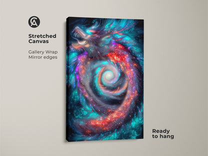 Stretched canvas of a cosmic dragon art print. The fantasy galaxy nebula wall art uses a gallery wrap with mirrored edges. This sci-fi dragon decor is ready to hang. The canvas adds a mythical touch.